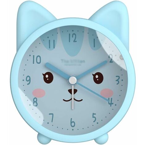 MINKUROW Kinder niedliches Tier Katze leiser Wecker nicht tickende Silikonuhr Nachtlicht Reiseuhr blau