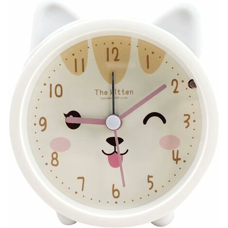 MINKUROW Kinder niedliches Tier Katze leiser Wecker nicht tickende Silikonuhr Nachtlicht Reiseuhr weiß
