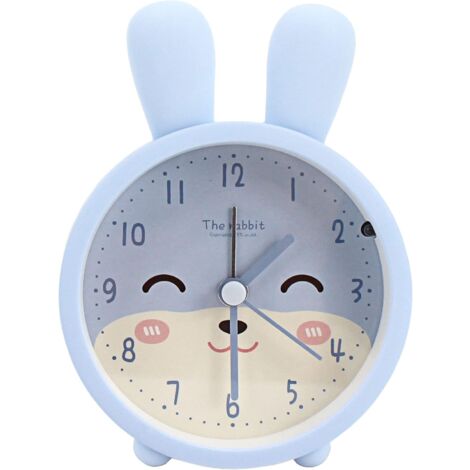 MINKUROW Kinder süßer Tier-Kaninchen-Wecker, leise, nicht tickende Silikonuhr, Nachtlicht, Reiseuhr, blau