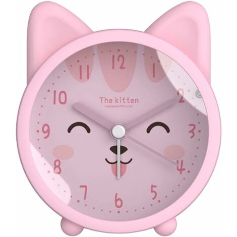 MINKUROW Kinder süßer Tier-Katze-Stiller Wecker, kein Ticken, Silikon-Uhr, Nachtlicht, Reiseuhr, Rosa