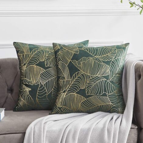 MINKUROW Kissenbezug 45 x 45 cm, Samt, Blattgold, Kissenhüllen, grün, dekorativer Kissenbezug, Dekokissen, Überwurfkissen für Sofa, Schlafzimmer, Wohnzimmer, 2er-Set