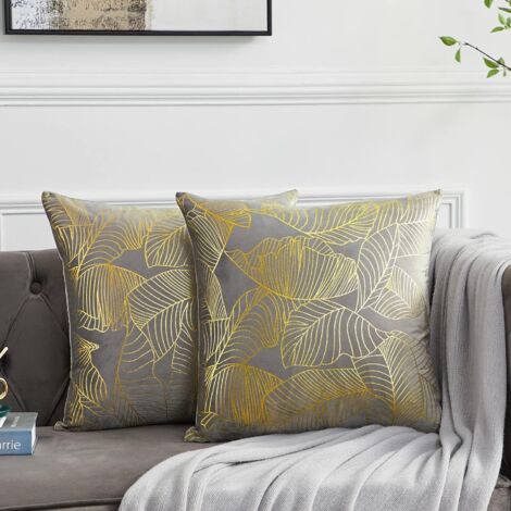 MINKUROW Kissenbezug 45 x 45 cm Samt goldfarbene Blätter Kissenbezüge grau dekorativer Kissenbezug Überwurfkissen für Sofa Schlafzimmer Wohnzimmer 2er Set