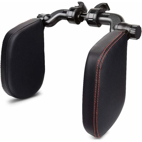 MINKUROW Kopfstütze Autositze mit Teleskopstange und verschiebbaren Clips, seitliches Kopfstützenkissen aus Leder für Kinder und Erwachsene, schwarz (rote Nähte)