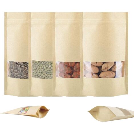 MINKUROW Kraftpapier-Reißverschlussbeutel, 100 Stück mit Klarsicht-Kraftpapier-Reißverschlussbeutel, wiederverschließbare Mini-Reißverschlussbeutel für Lebensmittel, Tee, Kaffeebohnen, Nüsse, getrockn