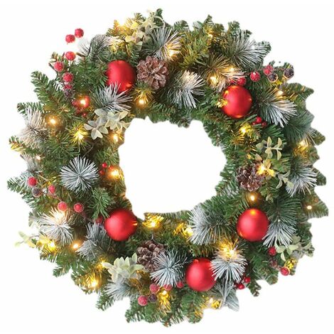 MINKUROW Künstliche rote Beeren-Kugelgirlande mit 20 LED-Lichtreben, Kieferngirlanden für Weihnachts-Willkommensschild, Wand, Haustür, Zaun, Tür, hängende Dekoration
