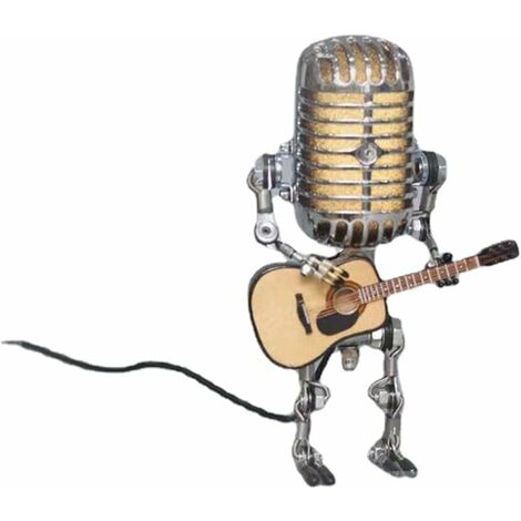 MINKUROW Lampada Robot Microfono Vintage Con Chitarra, Lampada Da Tavolo Robot Microfono, Lampade Da Tavolo Carine Retrò, Lampada Da Tavolo Industriale, Lampada Steampunk Divertimento Creativo Per Cam