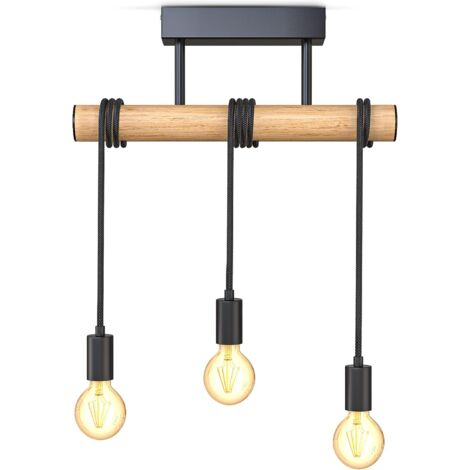 MINKUROW Lámpara Colgante 3 Enchufes E27 I Metal Y Madera I Negro Mate I Candelabro Retro Vintage I Plafón I Entregado Sin Bombillas