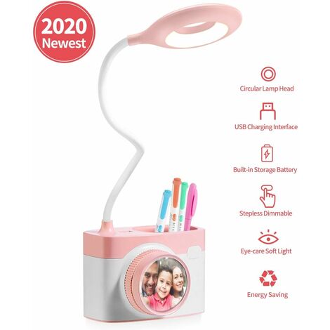 MINKUROW Lámpara De Escritorio Para Niños, Lámpara De Lectura Fácil De Usar Con Portalápices, Lámpara De Mesa Recargable Por Usb, Lámpara De Noche Regulable Con Sensor Táctil