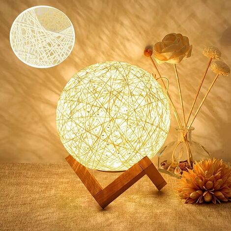 MINKUROW Led, Lampada Da Comodino, Lampada D'ambiente Camera Da Letto In Rattan E Legno, Ricaricabile Usb