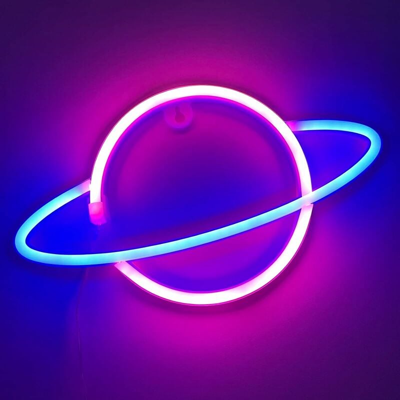 Image of Minkurow - Led Pianeta Luce Al Neon Universo Ornamenti a Forma Di Rete Decorazione Rossa Luce Notturna (Blu e Rosa)