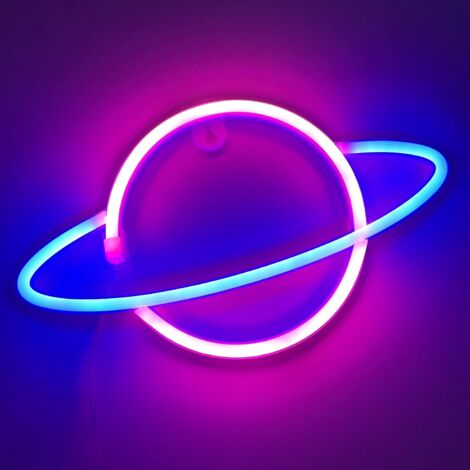 MINKUROW Led Planet Luz De Neón Universo Forma Adornos Malla Decoración Roja Luz Nocturna (Azul Y Rosa)