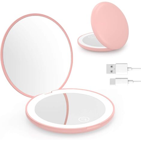 MINKUROW Led Reise-Schminkspiegel, 1x/10x Vergrößerungs-Schminkspiegel mit Beleuchtung, 12 LED-Ringlichter mit 3 Farbmodi, einstellbare Helligkeit, 100 mm breiter großer beleuchteter Spiegel, Pink