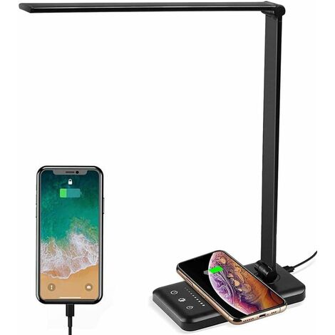 MINKUROW Led-Schreibtischlampe, dimmbare Tischlampen mit kabellosem Ladegerät, 10 Helligkeitsstufen, 5 Farbmodi, Touch-Control-Augenschutz, mit USB-Anschluss/faltbarem/drehbarem Timer