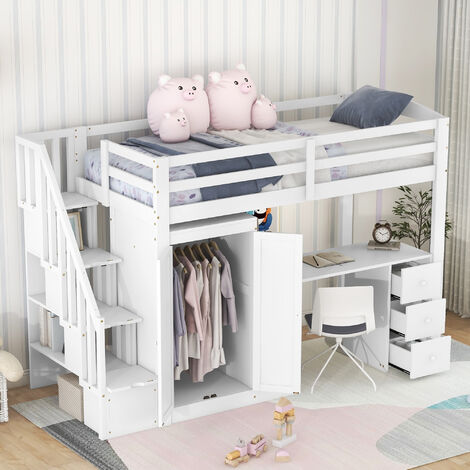 MINKUROW Letto a soppalco 90 x 200 con armadio e scala, scrivania, cassettiera e armadio in uno, bianco
