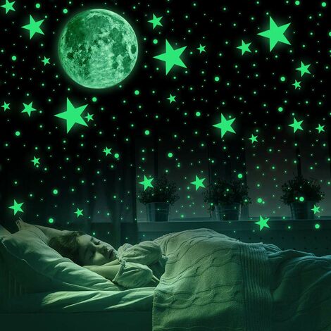 MINKUROW Leuchtsticker Wandsticker Selbstklebend Kinderzimmer Wandsticker 435 Stück Selbstklebende Leuchtpunkte und Wandsticker 30cm Mond für Sternenhimmel Leuchtsterne und fluoreszierende Leuchtstick