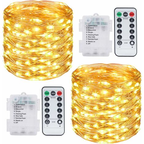MINKUROW Lichterkette, [2er Pack] Mini Led Lichterkette Outdoor Akku Wasserdicht 10m 100 Led Lichter mit Fernbedienung Innen und Außen Dekoration für Weihnachten Hochzeit Hausgarten (Warmweiß) [Energi