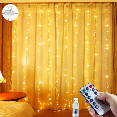MINKUROW Luces De Cortina 3 x 2m 200 Led, Luces De Cortina 8 Modos De Iluminación, Con Control Remoto Y Temporizador, Luces De Cortina Usb Decoración De Ventanas, Navidad, Boda, Hogar, Patio [Blanco C