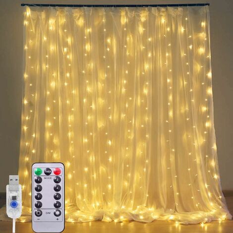 MINKUROW Luces De Cortina - 3 X 3 M Luces De Cortina 300 Led Alimentadas Por Usb, 8 Modos De Iluminación Con Control Remoto Decoración De Ventanas, Navidad, Boda, Cumpleaños, Hogar, Patio, Impermeable