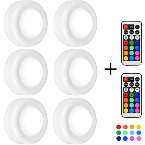 MINKUROW Luces De Gabinete Led, Luces De Gabinete De Base Regulables 13 Colores 4 Modos Dinámicos Luz Nocturna Luces De Escalera A Pilas Con Control Remoto Adhesivo 3m (6 Piezas)