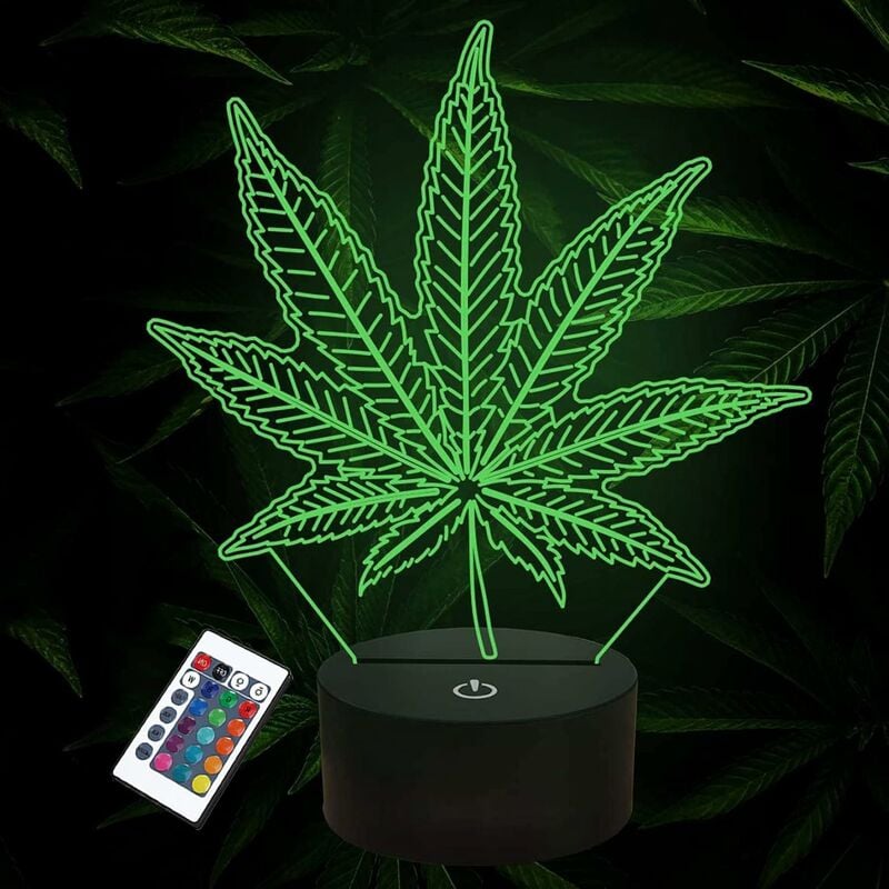Image of MINKUROW Luci Notturne 3d, Lampada Illusion Foglia Di Cannabis Con Smart Touch 16 Colori Fasciatoio Scrivania Arredamento Camera Da Letto Ottico Casa