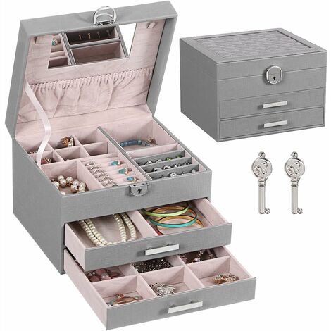MINKUROW Mädchen Schmuckschatulle Schmuck Aufbewahrungsbox mit 3 Spiegelschubladen und Schloss Weiches Futter für Mädchen Ohrring Halskette Ring und Schmuck Grau