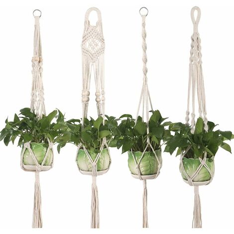 MINKUROW Makramee-Pflanzenaufhänger, Hängekorb, Baumwollseil, Hängepflanzenhalter, Hängepflanzer, Blumentopf, Korb, Hängeseil mit Perlen, Boho, drinnen, draußen, Decken, Balkone, Wanddekoration, 4er-S