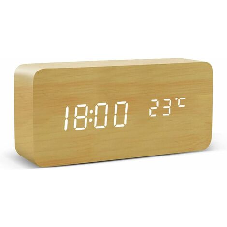 MINKUROW Mehrfarbiger LED-Schreibtisch mit Soundsteuerung aus Holz, USB/AAA, Datumsanzeige – Holzfarbe