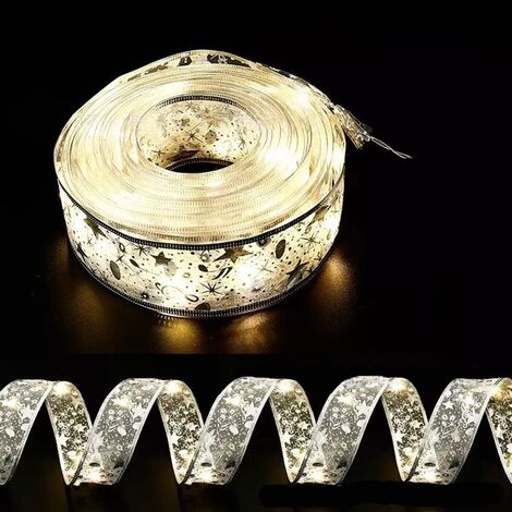 MINKUROW Nastro Lucido Stringa Luci, Nastro Led 5m Luci Di Natale, Nastro Albero Di Natale A Led, Fiocco In Pizzo Fai Da Te A Batteria Decorazioni Natalizie Albero Vacanze Interni Esterni Argento+Luce