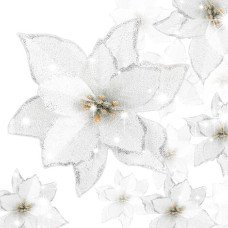 MINKUROW Navidad Brillo Poinsettia Flores Artificiales Boda Brillo Flores Año Nuevo Navidad España Adornos (Plata, 24)