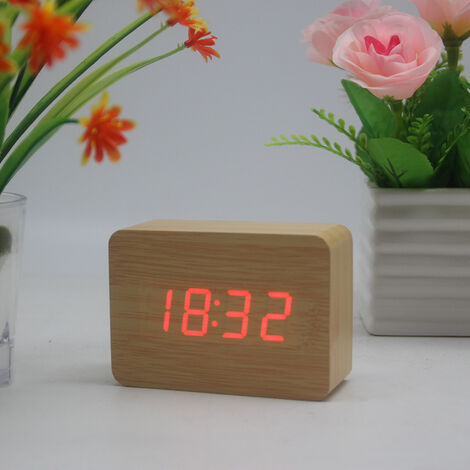 MINKUROW Orologio Da Scrivania Ora/Data/Temperatura Sveglia Marrone Ecopelle Rosso Led Bamboo Red Letter