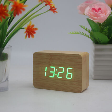 MINKUROW Orologio Da Scrivania Ora/Data/Temperatura Sveglia Marrone Ecopelle Rosso Led Bambù Verde Lettera