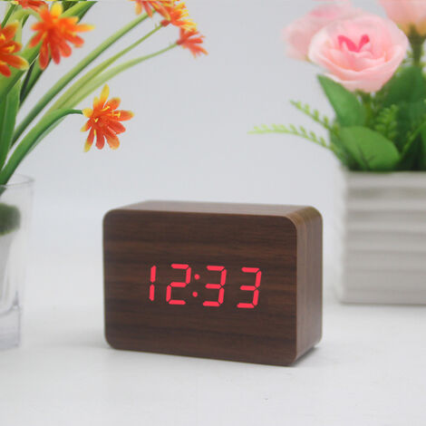 MINKUROW Orologio Da Scrivania Ora/Data/Temperatura Sveglia Marrone Ecopelle Rosso Led Marrone Legno Rosso Lettera