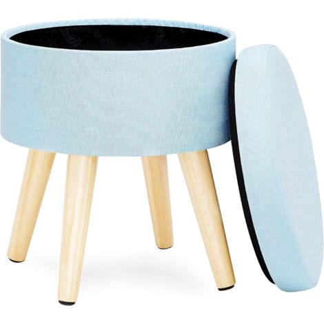 MINKUROW Ottoman Fußhocker, rund, Hocker, Aufbewahrungstruhe, Stoff, Leinen, Hocker mit niedrigem Deckel, Wohnzimmerdesign, Beine aus Massivholz, blau
