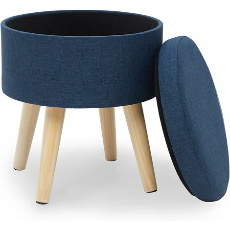 MINKUROW Ottoman Fußhocker, runder Pouf, Aufbewahrungstruhe, Stoff, Leinen, Hocker mit niedrigem Deckel, Wohnzimmer-Design, Massivholzbeine