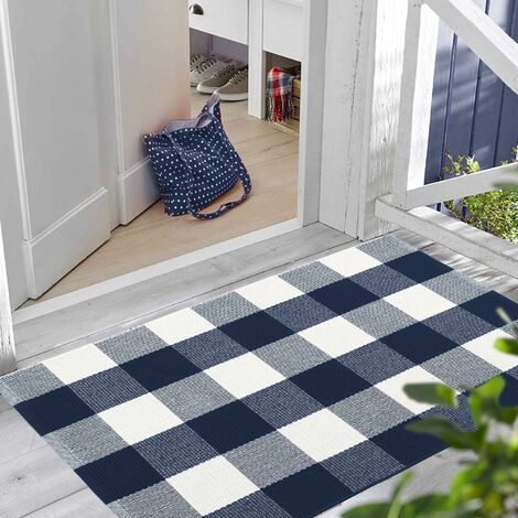 MINKUROW Outdoor-Teppich aus Büffelkaro, Baumwolle, 6,1 x 0,9 m, kariert, waschbar, gewebt, Willkommens-Fußmatte, geflochten, für die Küche, geschichtet, Bauernhaus, Badezimmer, Eingangsteppich, Marin