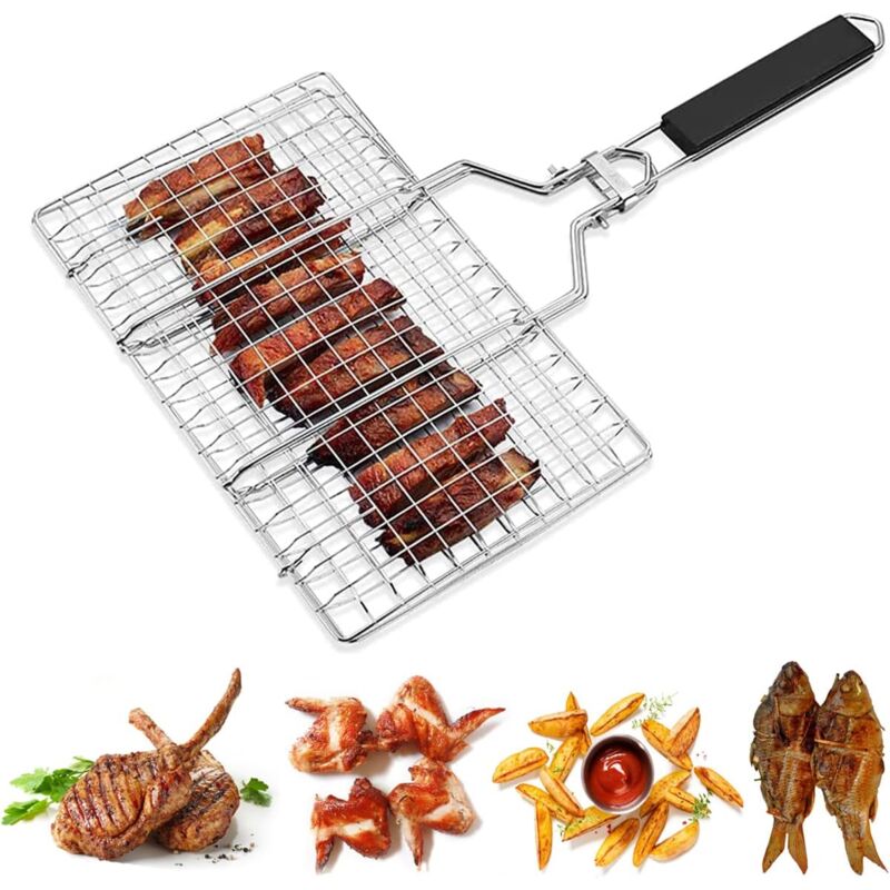 Minkurow - Panier Grille pour Barbecue, Panier à Griller Portable en Acier Inoxydable, Panier de Gril Pliable avec Poignée en Amovible pour Steak
