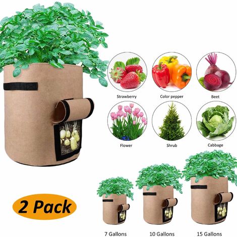 MINKUROW Pflanztasche, 2er-Set, mit Klappe und Griffen, für Kartoffeln, Blumentöpfe, Pflanztaschen, Übertöpfe, Übertöpfe, Übertöpfe, Braun (Größe: 7 Gallonen)