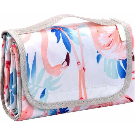 MINKUROW Picknickdecke 200 x 150 cm, wasserdichte faltbare Strandmatte mit Griff, tragbare waschbare Picknickmatte Stranddecke für Campingreisen, 4-6 Personen (Flamingo)