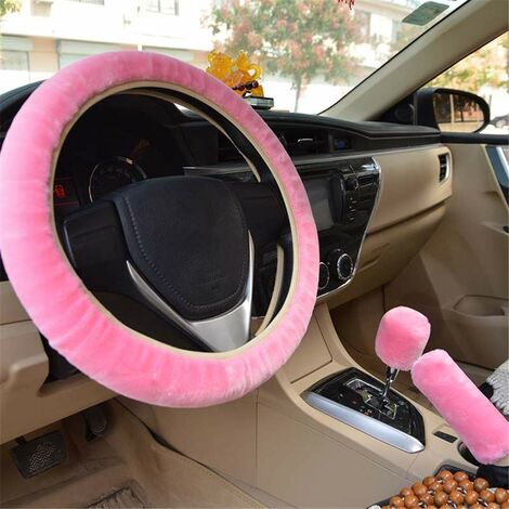 MINKUROW Plüsch-Lenkradbezug, Winter-Lenkradbezug, Handbremsenbezug und Lenkradbezug, Universal-Auto-Lenkradbezug, Teleskop-Plüsch-Lenkradbezug für Autozubehör, Rosa