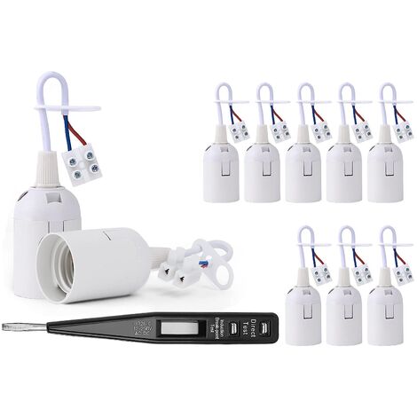 MINKUROW Portalampada E27 da 10 Pezzi, Base Bianca a Sospensione, Portalampada da Costruzione, Portalampada da Lavoro a Led, Lampadine Standard con Base E27 con Tester di Fase