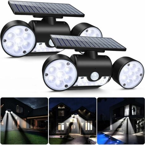 Luces solares para exteriores, con sensor de movimiento, luces solares de  pared con focos de doble cabeza, 30 LED, impermeables, 360°, luces de