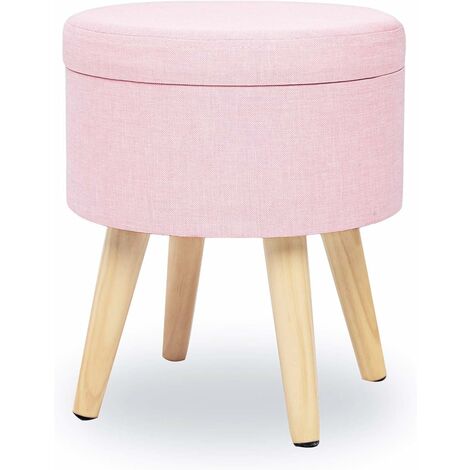 MINKUROW Puf Taburete Cofre De Almacenamiento De Tela Reposapiés Redondo Diseño De Sala De Estar Silla Moderna Asiento De Lino Color Descansado Patas De Madera Con Tapa Rosa