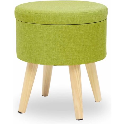 MINKUROW Puf Taburete Cofre De Almacenamiento De Tela Reposapiés Redondo Diseño De Sala De Estar Silla Moderna Asiento De Lino Color Descansado Patas De Madera Con Tapa Verde