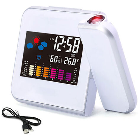 MINKUROW Reloj Despertador De Proyección Digital Con Higrómetro De Temperatura Hora Fecha Reloj Con Pantalla Lcd - Con Cable Usb, Blanco