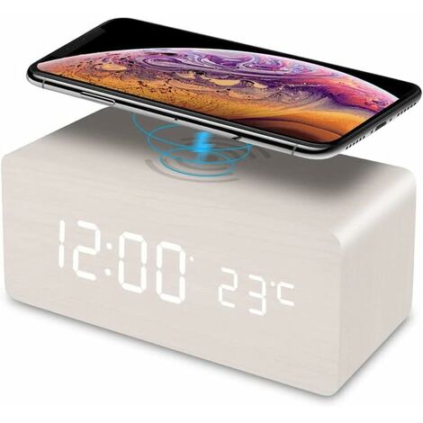 MINKUROW Reloj Despertador Digital, Reloj Digital Led Reloj Despertador De Madera Con Cargador Inalámbrico 5w Temperatura/Repetición/3 Alarmas/12/24 Horas/Brillo Ajustable Para Niños, Adolescentes, Ho