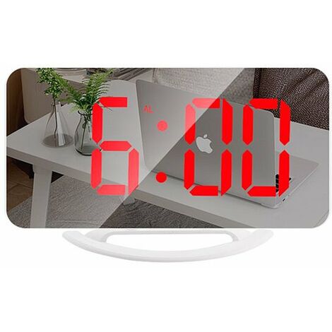 MINKUROW Reloj Despertador Digital, Reloj Led Con Espejo, Repetición, Luz Nocturna Atenuada, 2 Puertos De Carga Usb, Reloj Despertador De Escritorio Para Decoración De Dormitorio (Blanco Rojo)