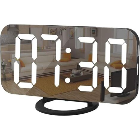 MINKUROW Reloj Despertador Digital, Reloj Led Con Espejo, Repetición, Luz Nocturna Atenuada, 2 Puertos De Carga Usb, Reloj Despertador De Escritorio Para Decoración De Dormitorio (Blanco Y Negro)