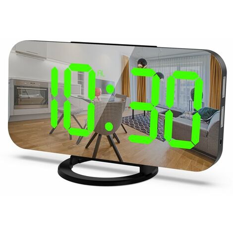 MINKUROW Reloj Despertador Digital, Reloj Led Con Espejo, Repetición, Luz Nocturna Atenuada, 2 Puertos De Carga Usb, Reloj Despertador De Escritorio Para Decoración De Dormitorio (Verde Negro)