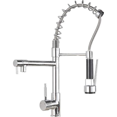 MINKUROW Rubinetto da cucina con 2 getti Miscelatore monocomando Spruzzatore a doppia funzione Girevole a 360 ° Rubinetto freddo e caldo disponibile, ottone cromato