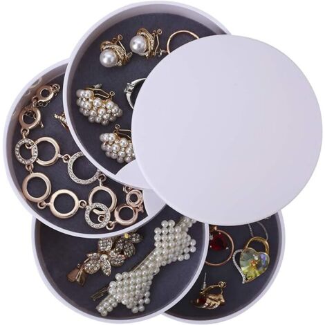 MINKUROW Runde Schmuckschatulle, Turm-Kosmetik-Organizer, 4-stöckige drehbare Schmuckschatulle, Schmuckaufbewahrung für Ringe, Ohrringe, Halskette, Frauen, Mädchen, Geburtstagsgeschenk, weiß